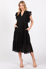 Black V-Neck Eyelet Detail Ruffle Shoulder Tiered Maternity Midi Dress