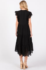 Black V-Neck Eyelet Detail Ruffle Shoulder Tiered Midi Dress