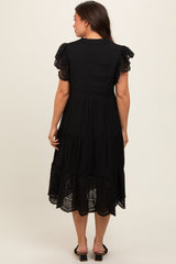 Black V-Neck Eyelet Detail Ruffle Shoulder Tiered Maternity Midi Dress