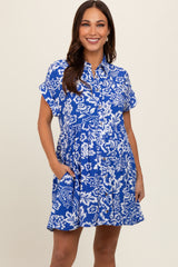 Royal Blue Floral Button Front Collared Maternity Dress