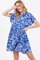 Royal Blue Floral Button Front Collared Maternity Dress