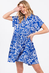 Royal Blue Floral Button Front Collared Dress