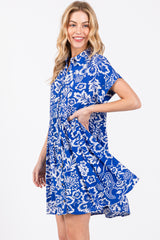 Royal Blue Floral Button Front Collared Dress