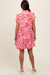 Red Floral Button Front Collared Maternity Dress