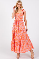 Orange Floral Tiered Shoulder Tie Dress