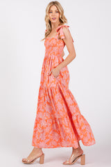 Orange Floral Tiered Shoulder Tie Dress