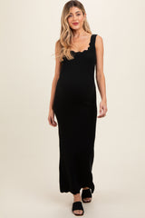 Black Ribbed Scalloped Neck Sleeveless Low Back Maternity Maxi Dress