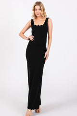 Black Ribbed Scalloped Neck Sleeveless Low Back Maternity Maxi Dress