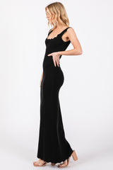 Black Ribbed Scalloped Neck Sleeveless Low Back Maxi Dress