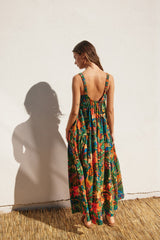 Forest Green Tropical Print Tiered Maxi Dress