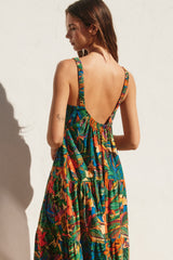 Forest Green Tropical Print Tiered Maxi Dress