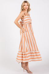 Orange Linen Striped Tie Back Midi Dress