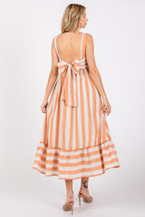 Orange Linen Striped Tie Back Midi Dress