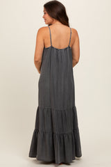 Charcoal Chambray Ruffle Hem Maternity Maxi Dress