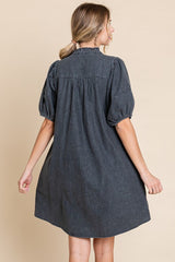 Black Button Down Puff Sleeve Dress