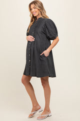 Black Button Down Puff Sleeve Maternity Dress