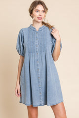 Blue Button Down Puff Sleeve Maternity Dress