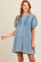 Blue Button Down Puff Sleeve Maternity Dress