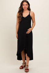 Black Sleeveless Crisscross High-Low Wrap Maternity Midi Dress