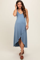 Blue Sleeveless Crisscross High-Low Wrap Maternity Midi Dress