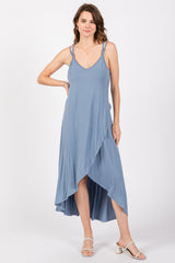 Blue Sleeveless Crisscross High-Low Wrap Maternity Midi Dress