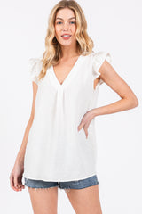 White Swiss Dot Flutter Sleeve V-Neck Top