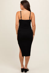 Black Ribbed Side Slit Sleeveless Maternity Midi Dress