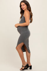 Charcoal Ribbed Side Slit Sleeveless Maternity Midi Dress