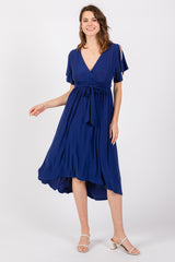 Navy Blue Flutter Sleeve Waist Tie Maternity Nursing Dress