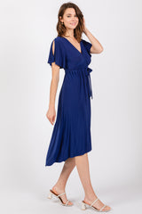 Navy Blue Flutter Sleeve Waist Tie Nursing Dress