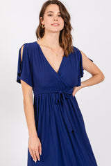 Navy Blue Flutter Sleeve Waist Tie Nursing Dress