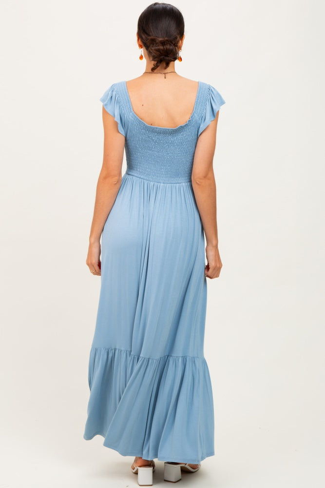 Light Blue Smocked Ruffle Hem Maxi Dress