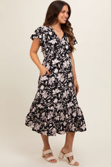 Black Floral Flutter Sleeve Maternity Midi Dress