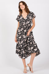 Black Floral Flutter Sleeve Maternity Midi Dress