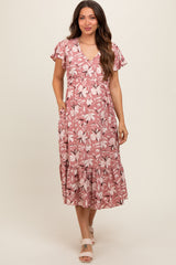 Mauve Floral Flutter Sleeve Maternity Midi Dress