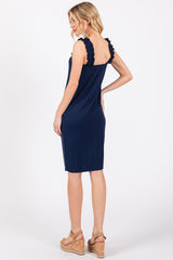 Navy Ribbed Ruffle Strap Midi Dress