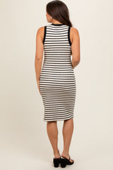 Cream Black Striped Sleeveless Fitted Knit Maternity Dress