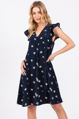 Navy Blue Floral Ruffle Cap Sleeve Dress