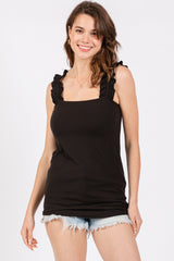 Black Ribbed Ruffle Strap Sleeveless Top