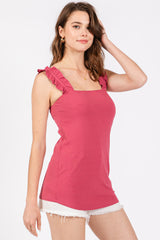 Magenta Ribbed Ruffle Strap Sleeveless Top