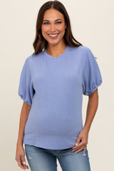 Light Blue Short Puff Sleeve Maternity Top