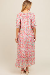 Light Pink Floral Front Tie Button Up Maxi Dress