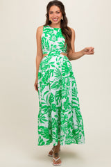 Green Floral Side Cutout Ruffle Maternity Midi Dress