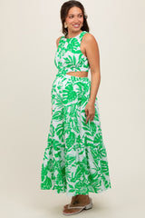 Green Floral Side Cutout Ruffle Maternity Midi Dress