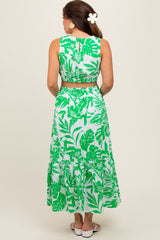 Green Floral Side Cutout Ruffle Maternity Midi Dress