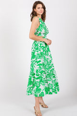 Green Floral Side Cutout Ruffle Midi Dress