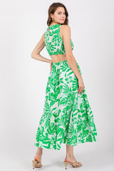 Green Floral Side Cutout Ruffle Midi Dress