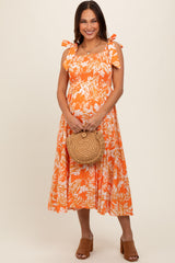 Orange Floral Smocked Tie Shoulder Maternity Midi Dress