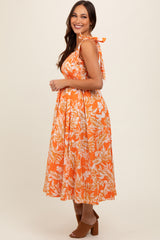 Orange Floral Smocked Tie Shoulder Maternity Midi Dress