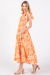 Orange Floral Smocked Tie Shoulder Midi Dress